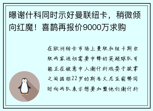 曝谢什科同时示好曼联纽卡，稍微倾向红魔！喜鹊再报价9000万求购
